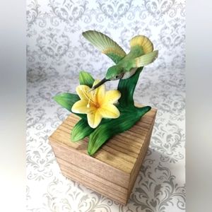 Vintage Bisque Hummingbird, yellow flower Figurine